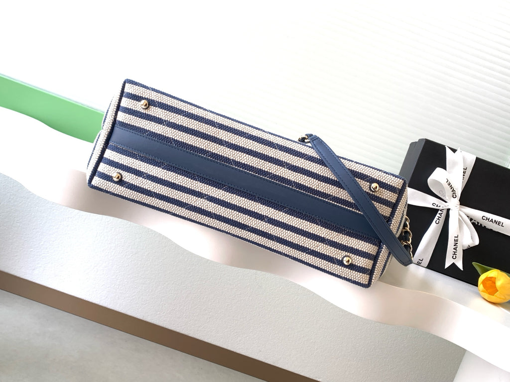 Chanel Small Striped Woven Deauville Shopping Tote Bag Navy and White (26C)