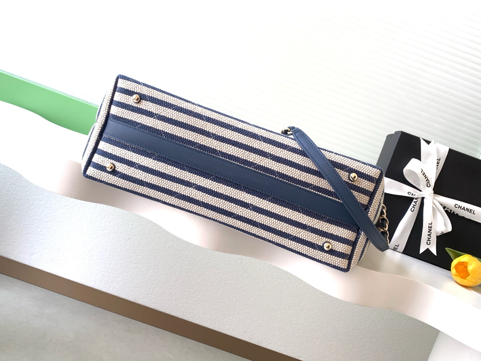 Chanel Small Striped Woven Deauville Shopping Tote Bag Navy and White (26C)