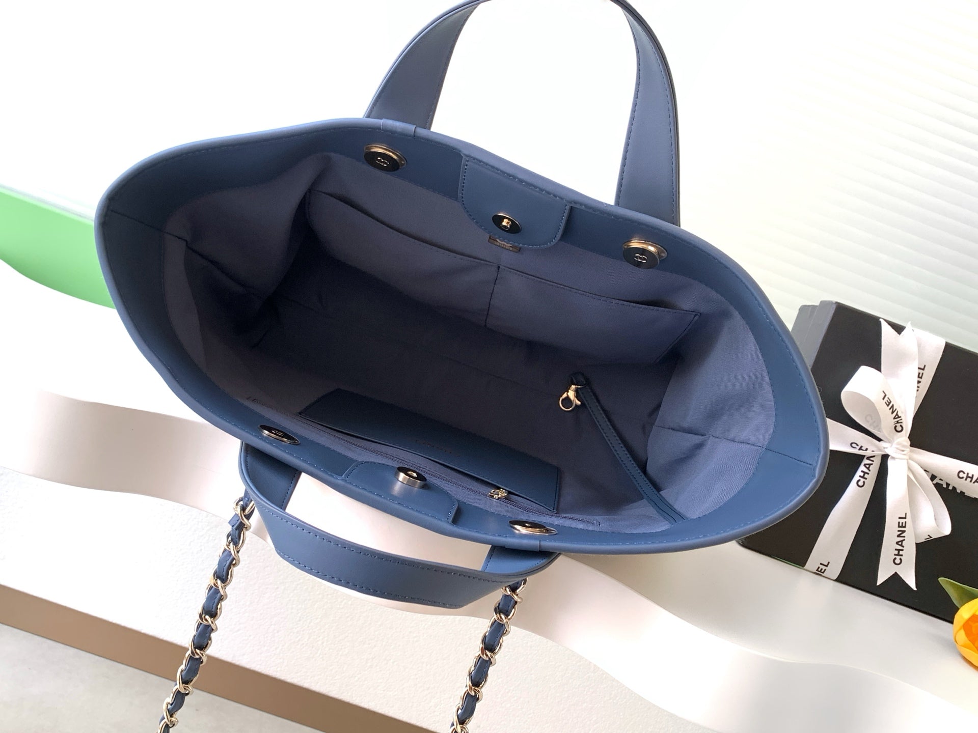 Chanel Small Striped Woven Deauville Shopping Tote Bag Navy and White (26C)