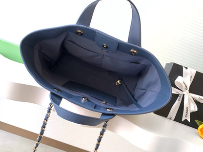Chanel Small Striped Woven Deauville Shopping Tote Bag Navy and White (26C)