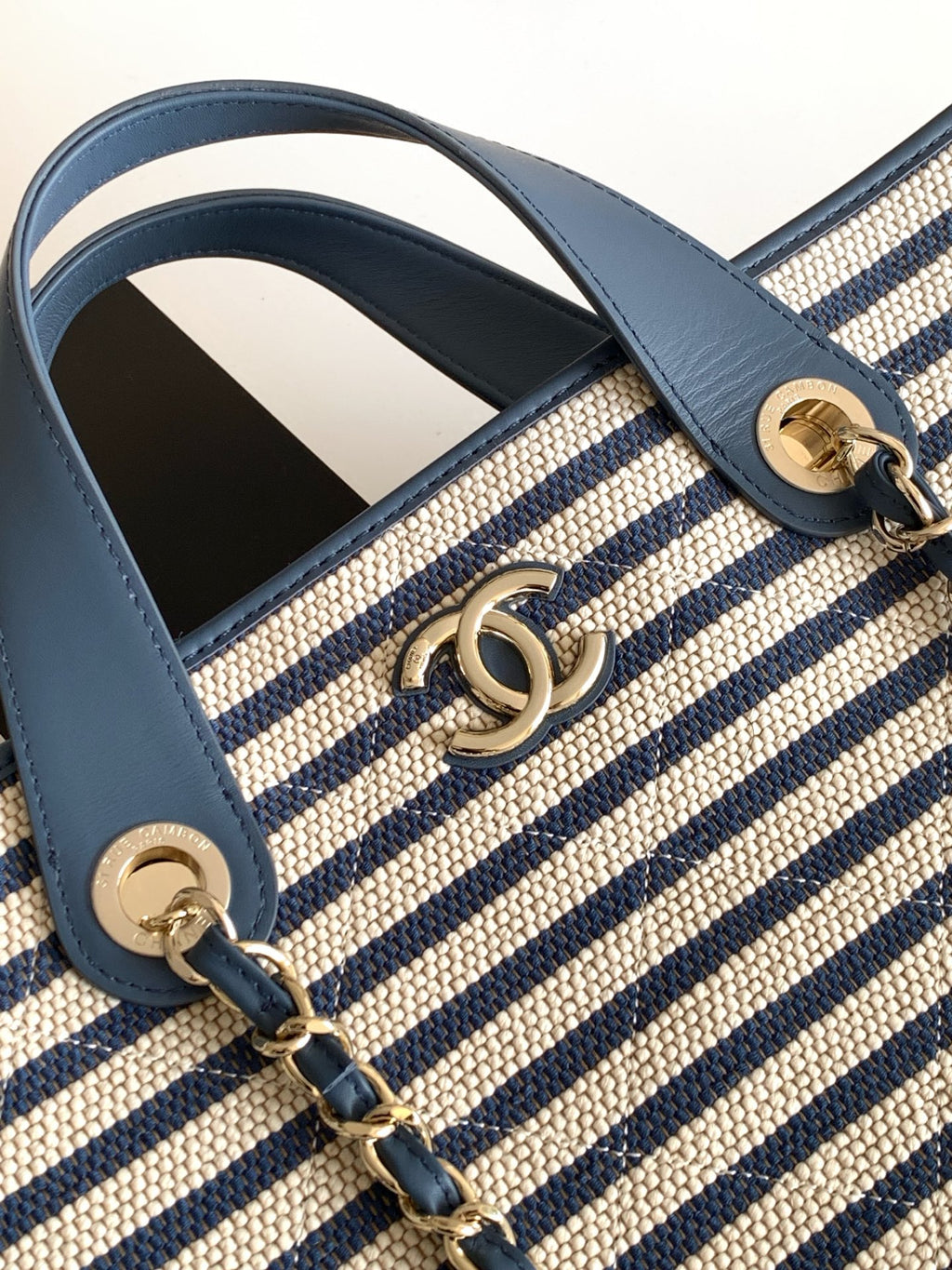 Chanel Small Striped Woven Deauville Shopping Tote Bag Navy and White (26C)