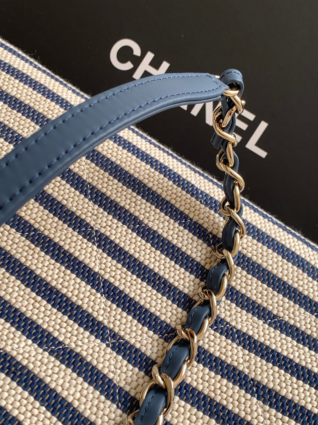 Chanel Small Striped Woven Deauville Shopping Tote Bag Navy and White (26C)