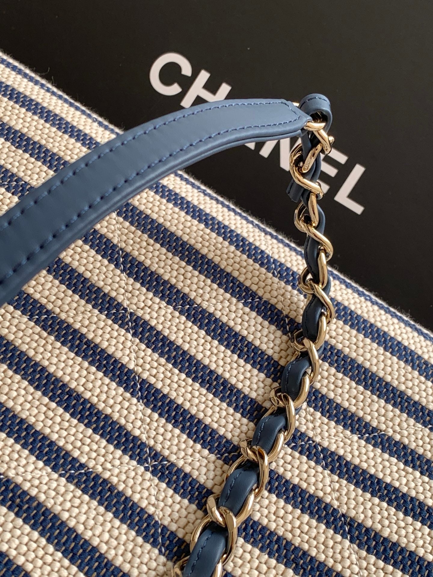 Chanel Small Striped Woven Deauville Shopping Tote Bag Navy and White (26C)