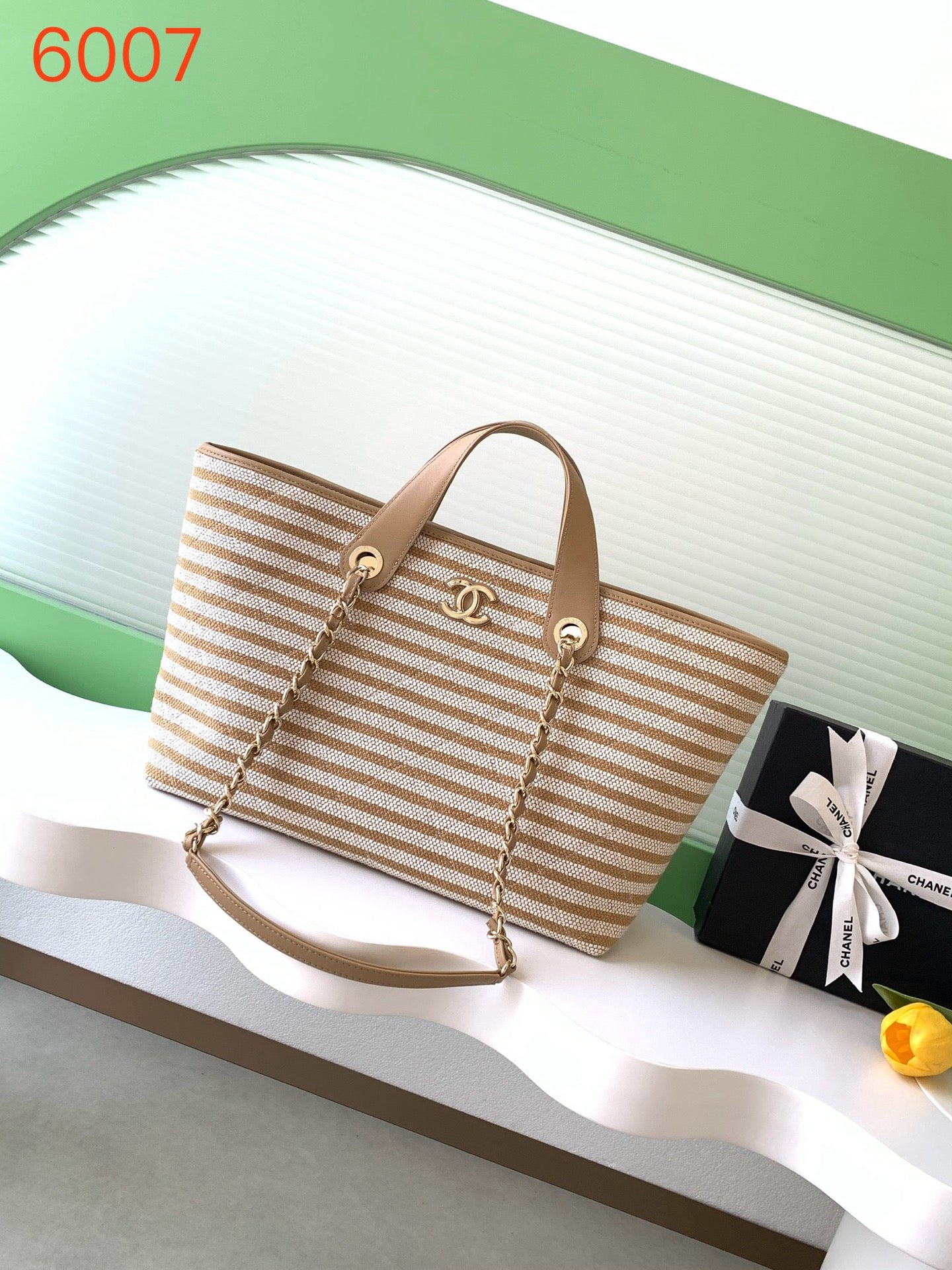 Chanel Small Striped Woven Deauville Shopping Tote Bag Beige and White (26C)