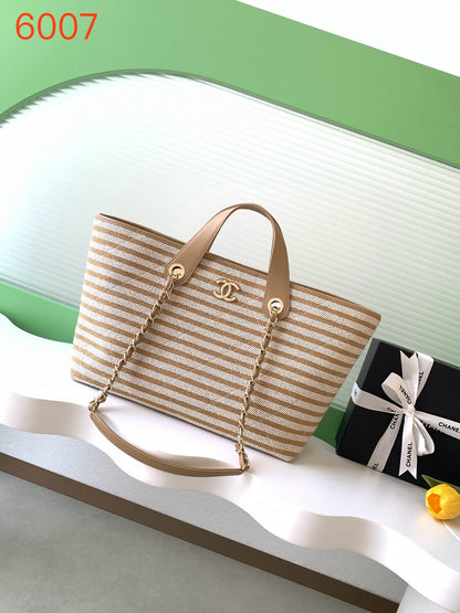 Chanel Small Striped Woven Deauville Shopping Tote Bag Beige and White (26C)