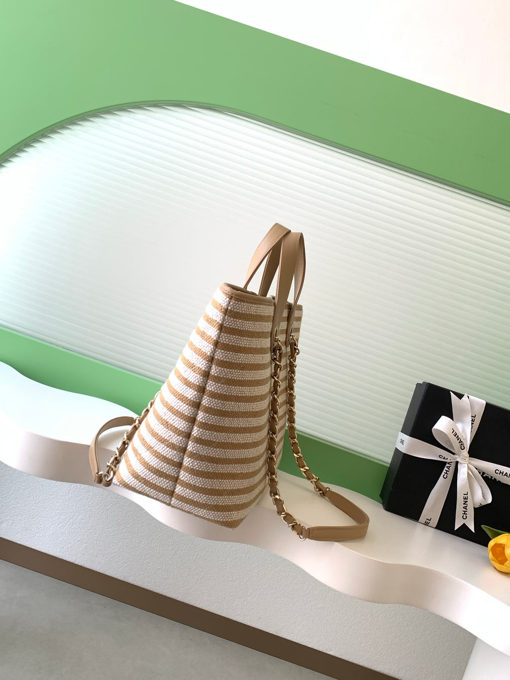 Chanel Small Striped Woven Deauville Shopping Tote Bag Beige and White (26C)