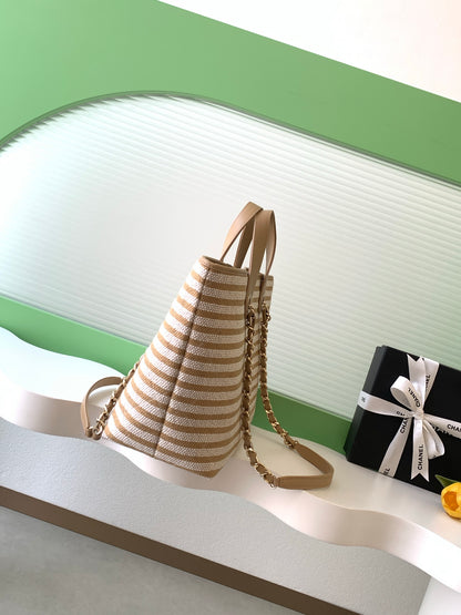 Chanel Small Striped Woven Deauville Shopping Tote Bag Beige and White (26C)