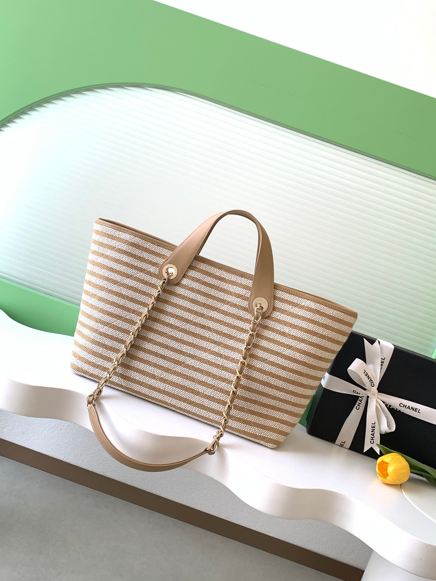 Chanel Small Striped Woven Deauville Shopping Tote Bag Beige and White (26C)