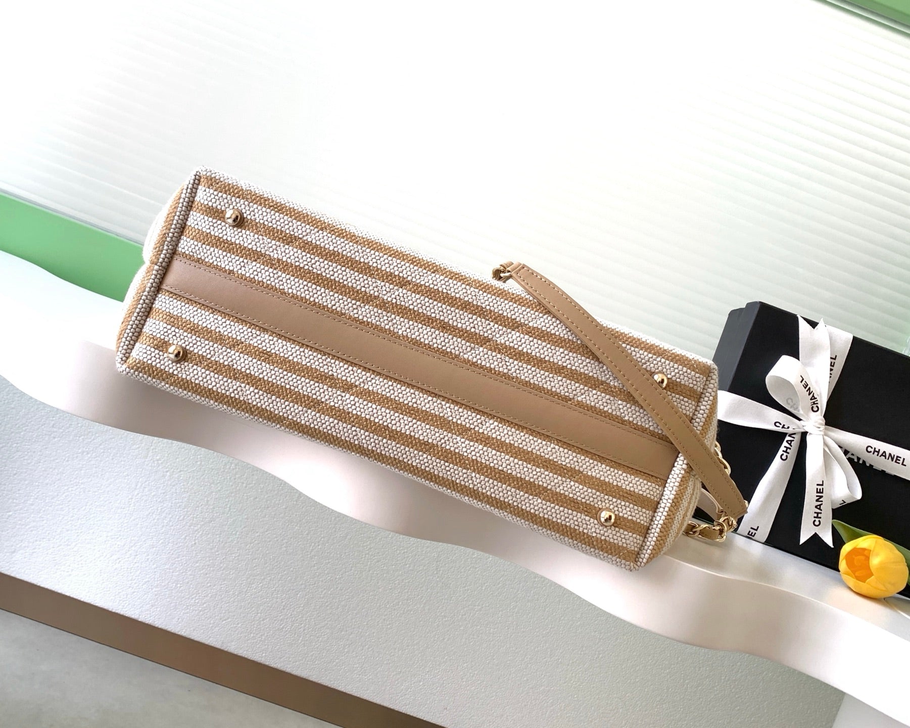 Chanel Small Striped Woven Deauville Shopping Tote Bag Beige and White (26C)