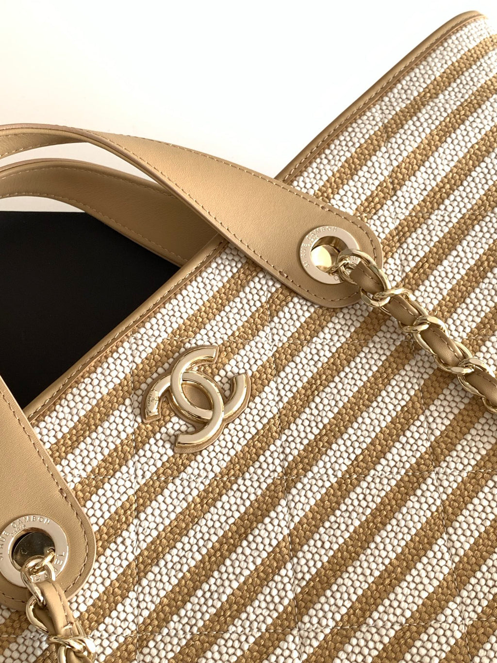 Chanel Small Striped Woven Deauville Shopping Tote Bag Beige and White (26C)