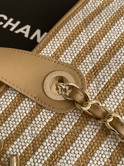 Chanel Small Striped Woven Deauville Shopping Tote Bag Beige and White (26C)