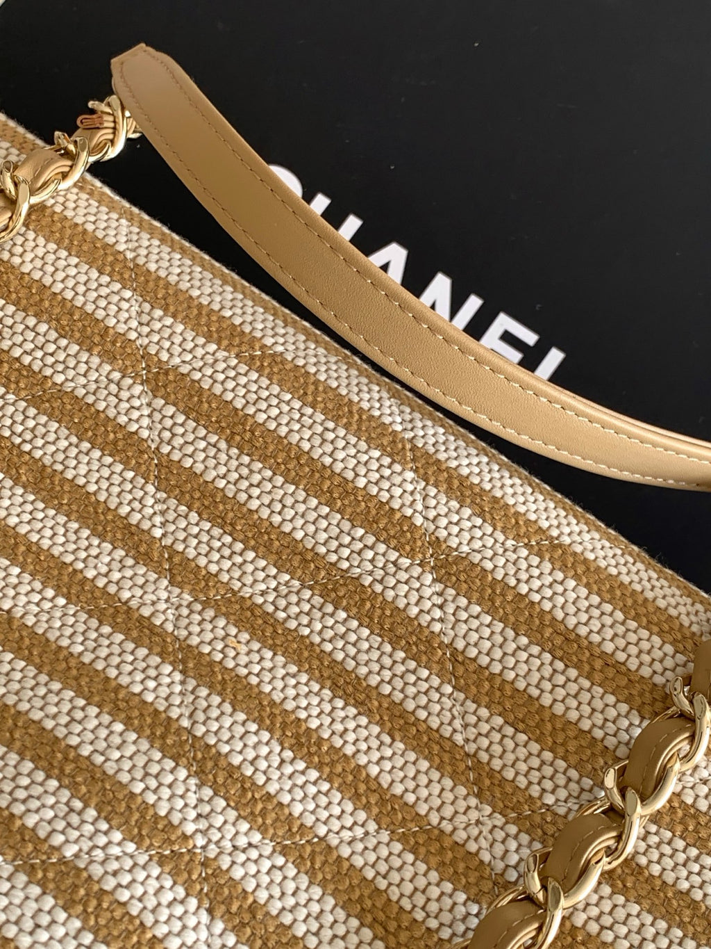 Chanel Small Striped Woven Deauville Shopping Tote Bag Beige and White (26C)