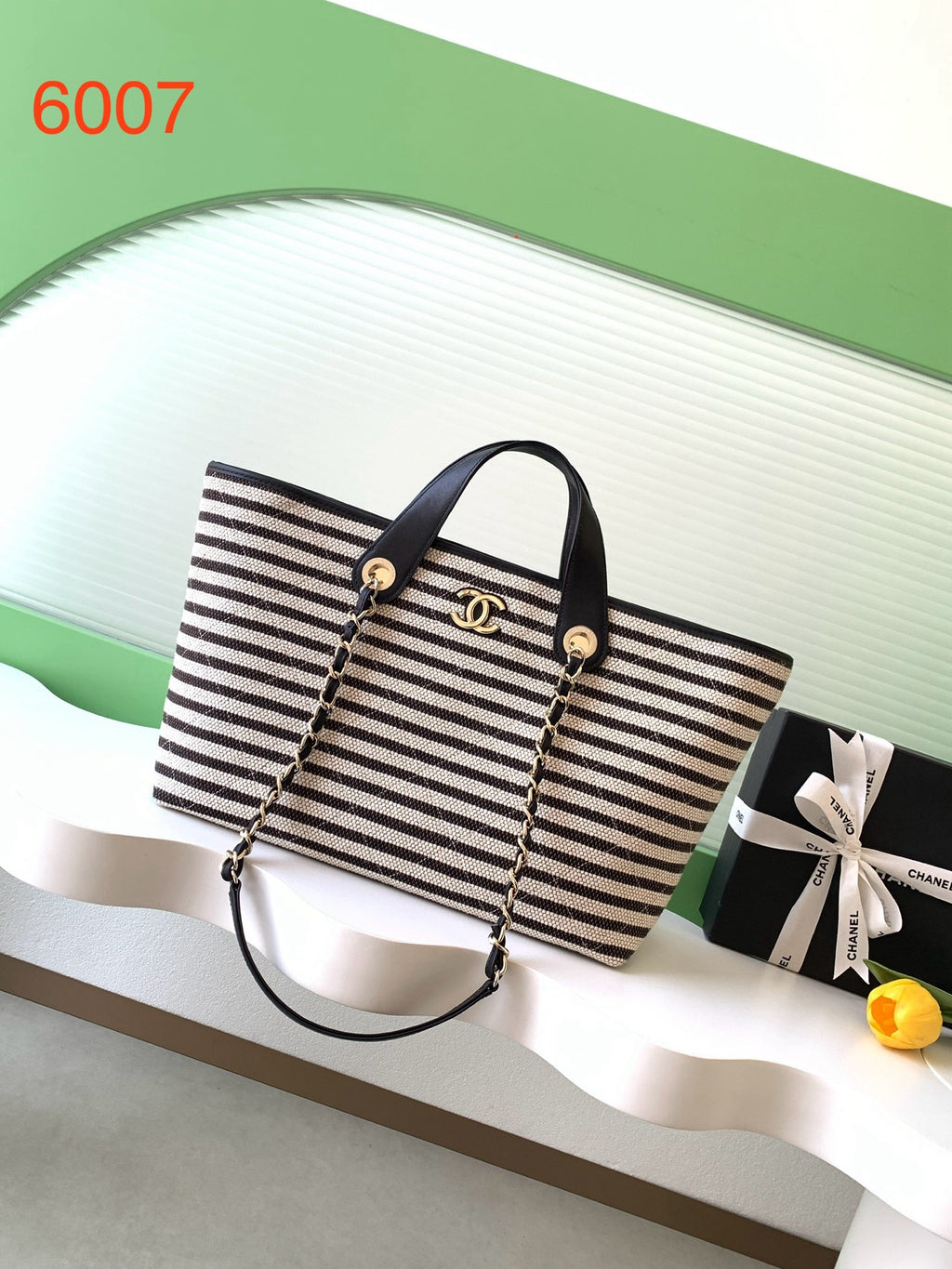 Chanel Small Striped Woven Deauville Shopping Tote Bag Black and White (26C)