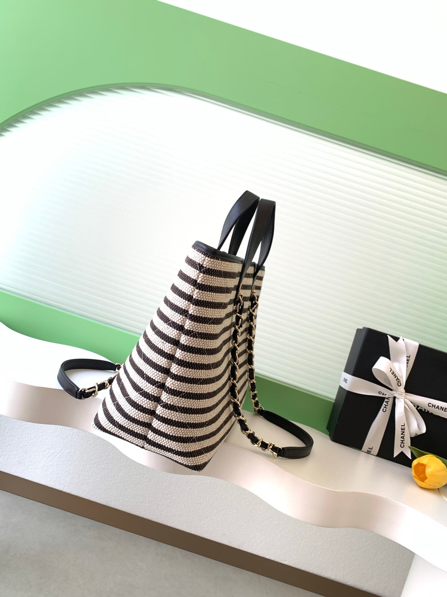 Chanel Small Striped Woven Deauville Shopping Tote Bag Black and White (26C)