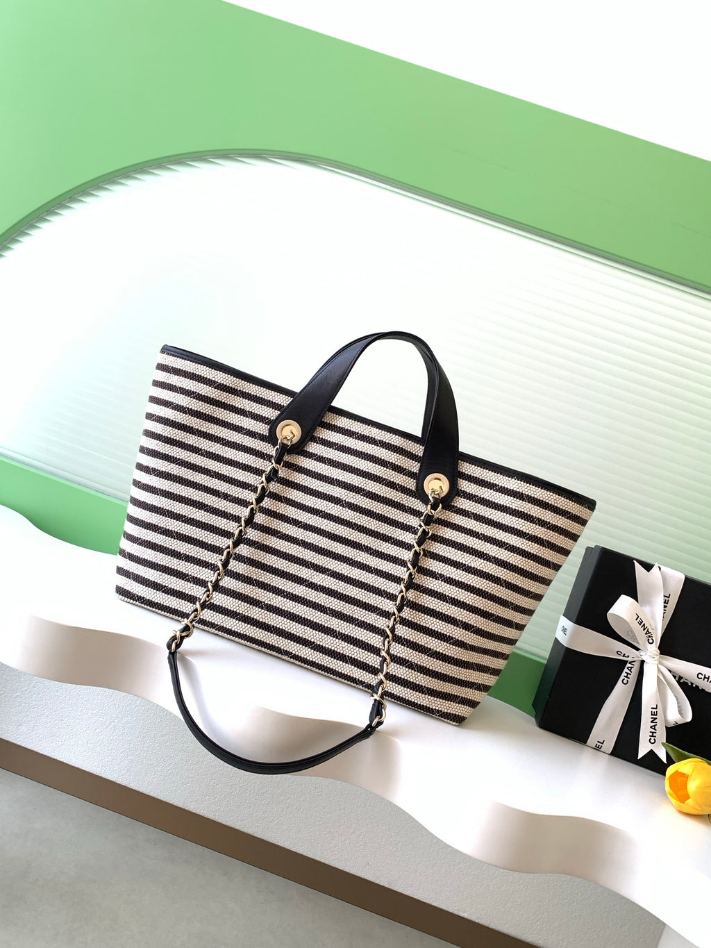 Chanel Small Striped Woven Deauville Shopping Tote Bag Black and White (26C)