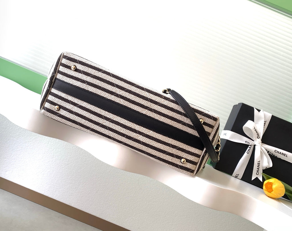Chanel Small Striped Woven Deauville Shopping Tote Bag Black and White (26C)