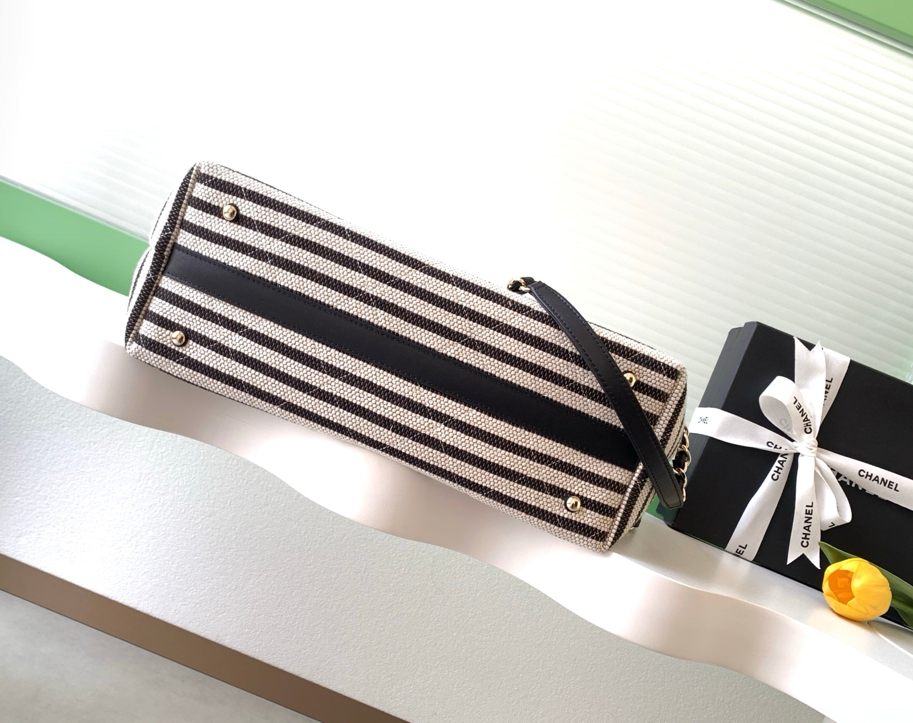 Chanel Small Striped Woven Deauville Shopping Tote Bag Black and White (26C)