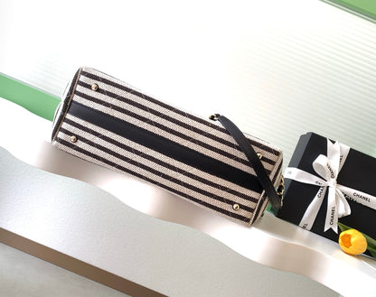 Chanel Small Striped Woven Deauville Shopping Tote Bag Black and White (26C)