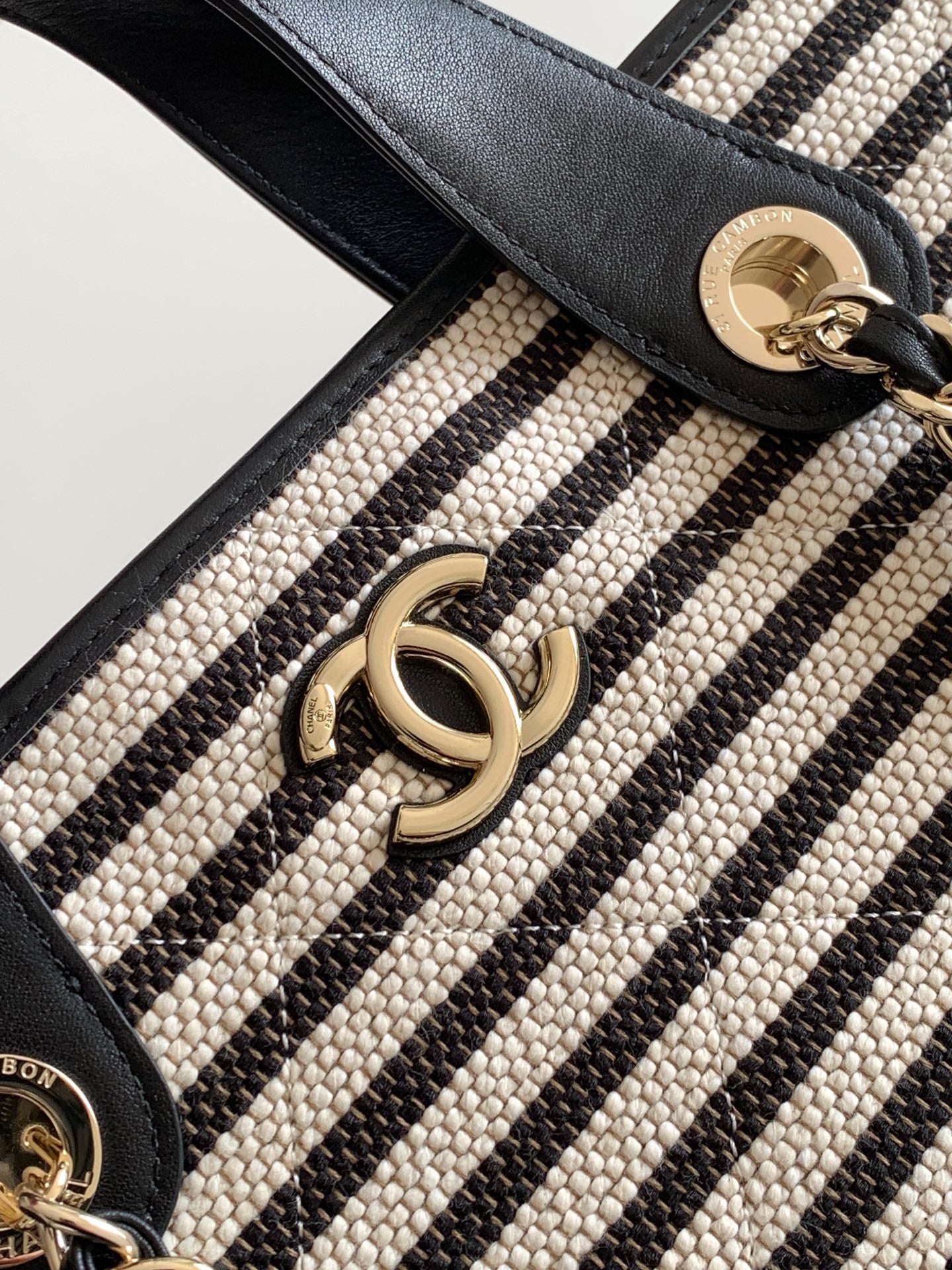 Chanel Small Striped Woven Deauville Shopping Tote Bag Black and White (26C)