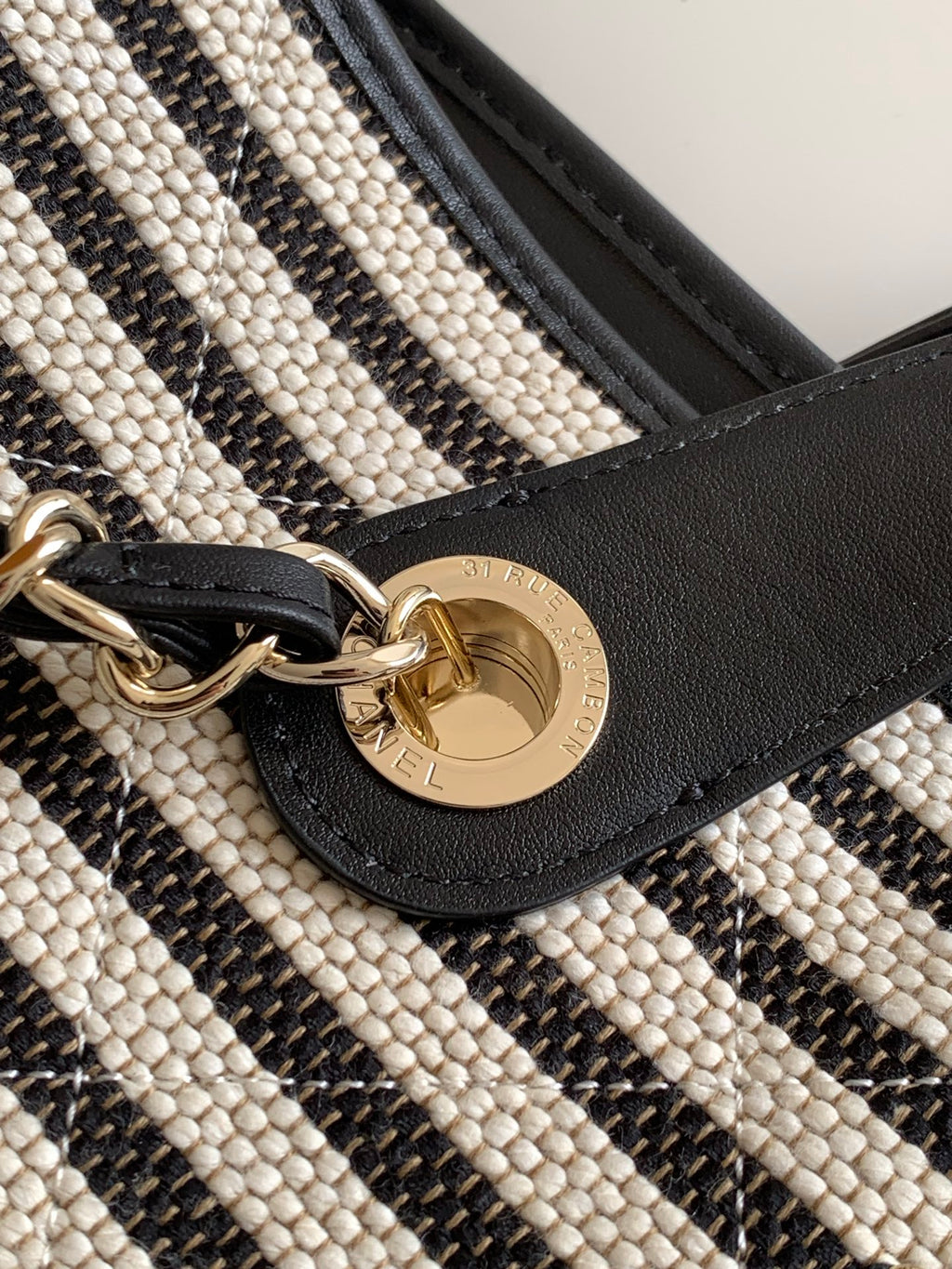 Chanel Small Striped Woven Deauville Shopping Tote Bag Black and White (26C)