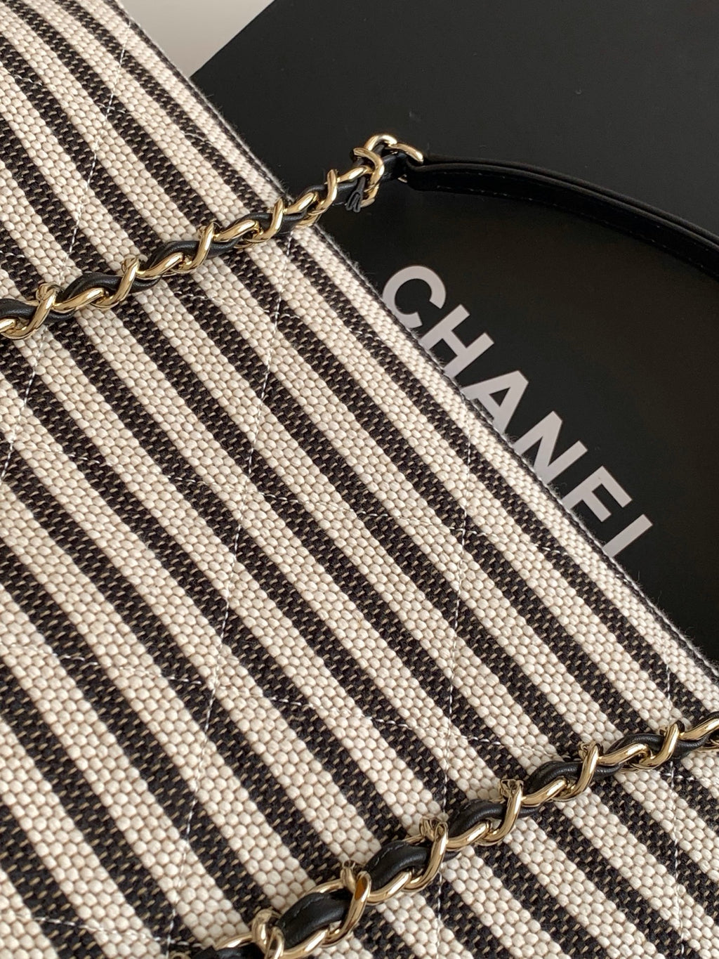 Chanel Small Striped Woven Deauville Shopping Tote Bag Black and White (26C)