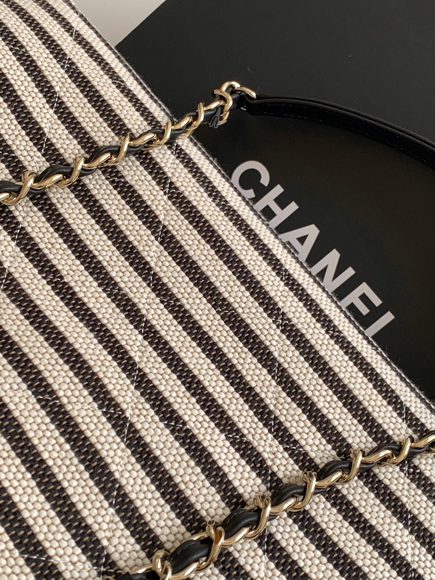 Chanel Small Striped Woven Deauville Shopping Tote Bag Black and White (26C)