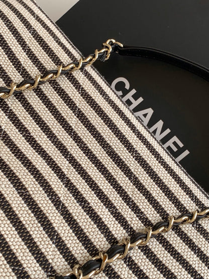 Chanel Small Striped Woven Deauville Shopping Tote Bag Black and White (26C)