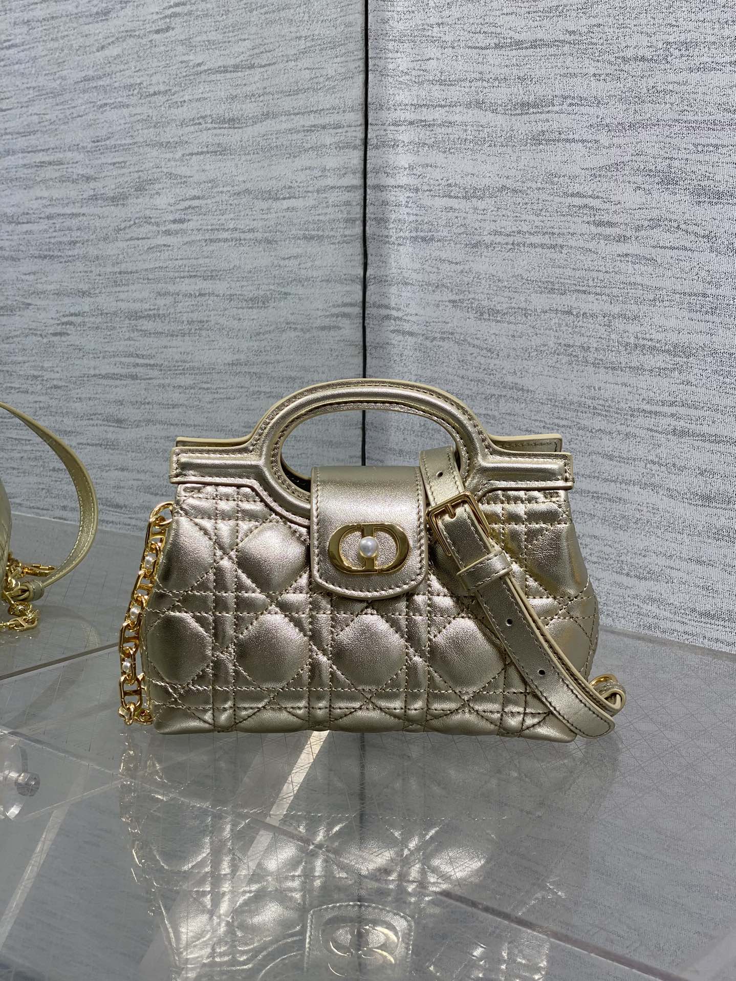 Dior Mini Jolie Top Handle Bag Champagne Gold Cannage Lambskin with Gold Hardware