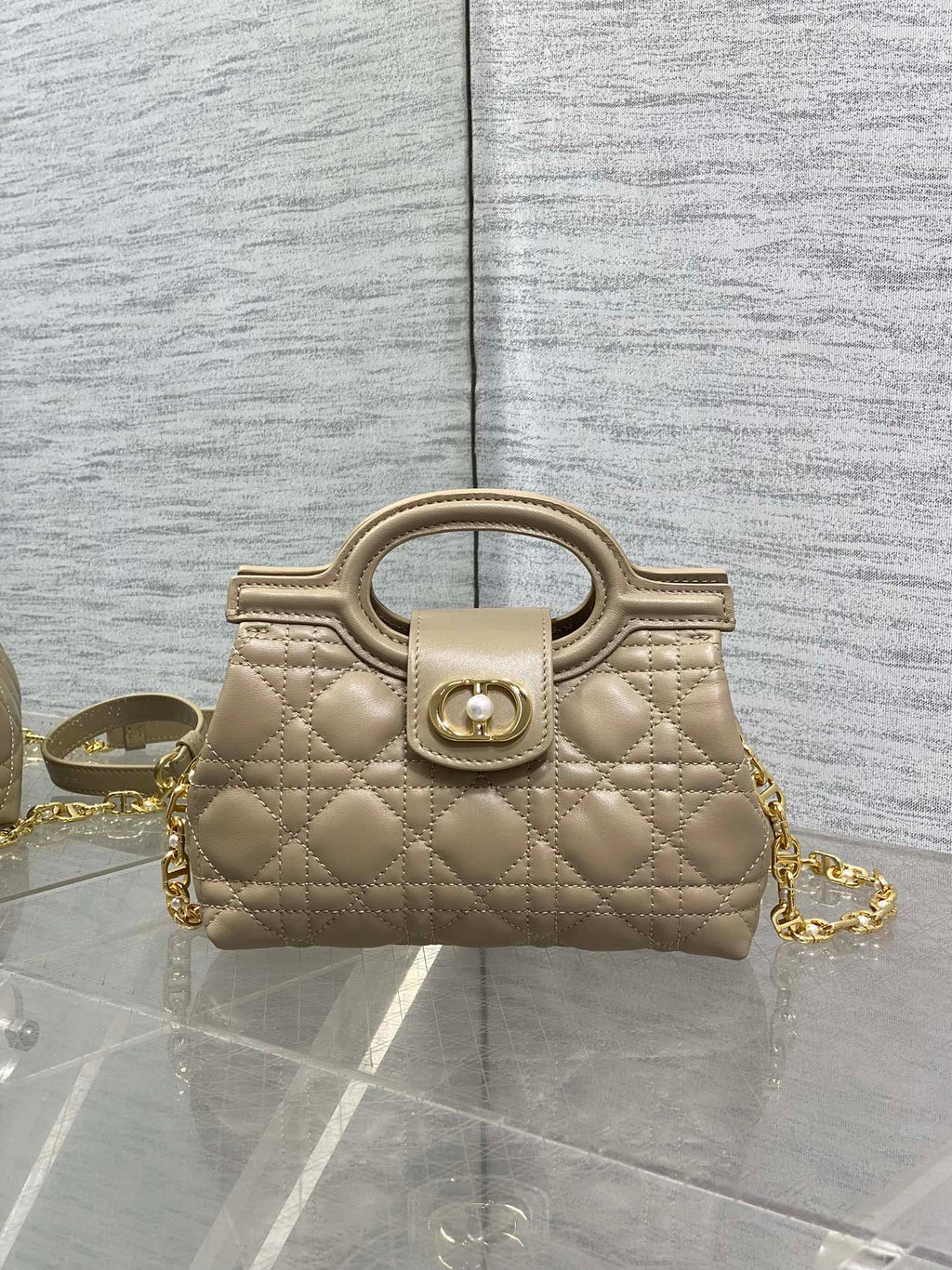 Dior Mini Jolie Top Handle Bag Biscuit Cannage Lambskin with Gold Hardware