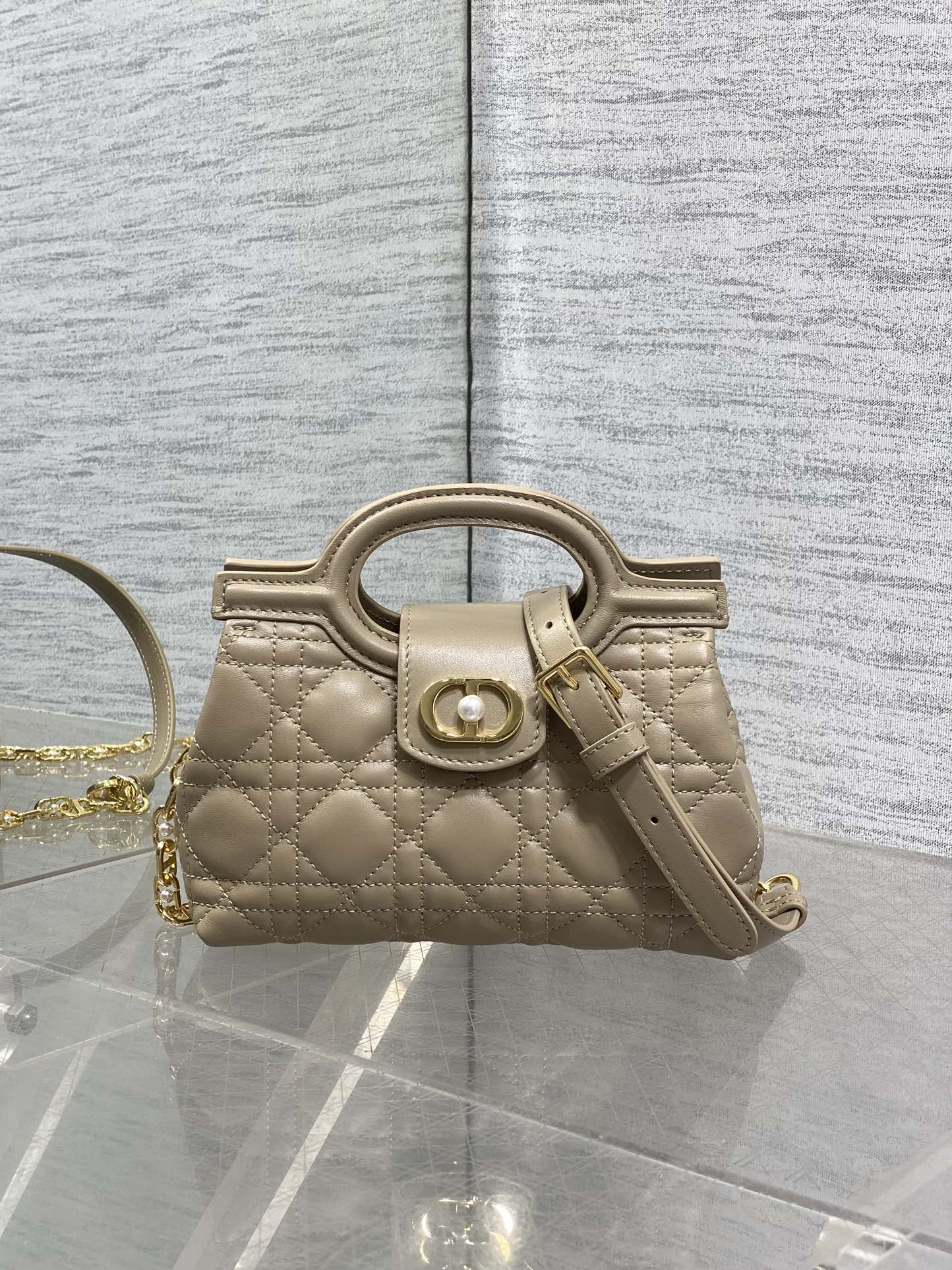 Dior Mini Jolie Top Handle Bag Biscuit Cannage Lambskin with Gold Hardware