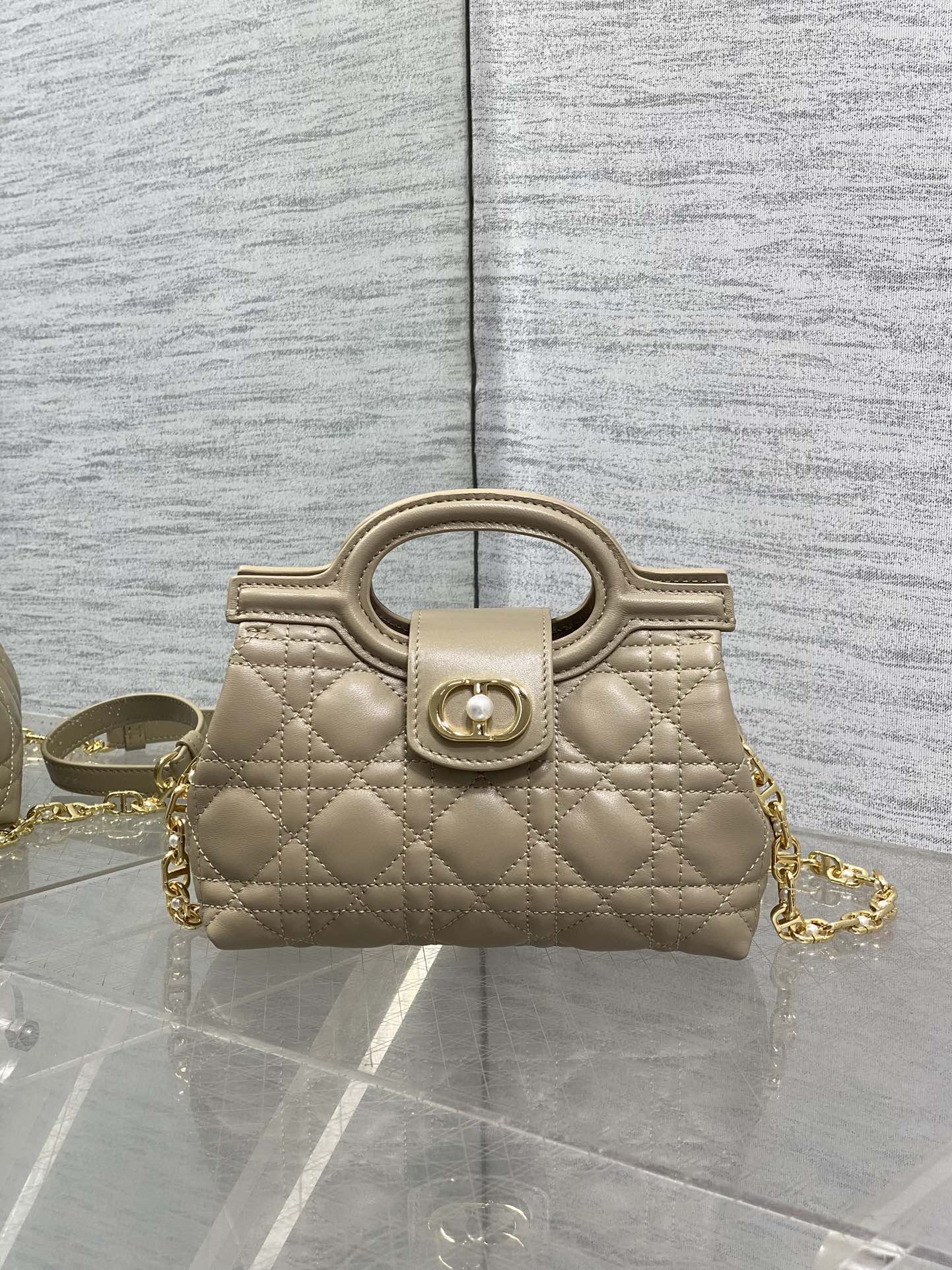 Dior Mini Jolie Top Handle Bag Biscuit Cannage Lambskin with Gold Hardware
