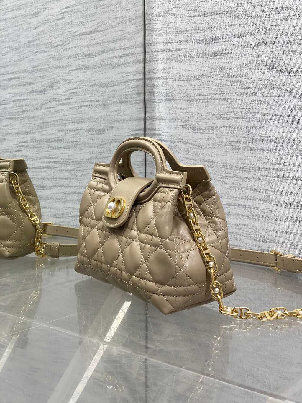 Dior Mini Jolie Top Handle Bag Biscuit Cannage Lambskin with Gold Hardware