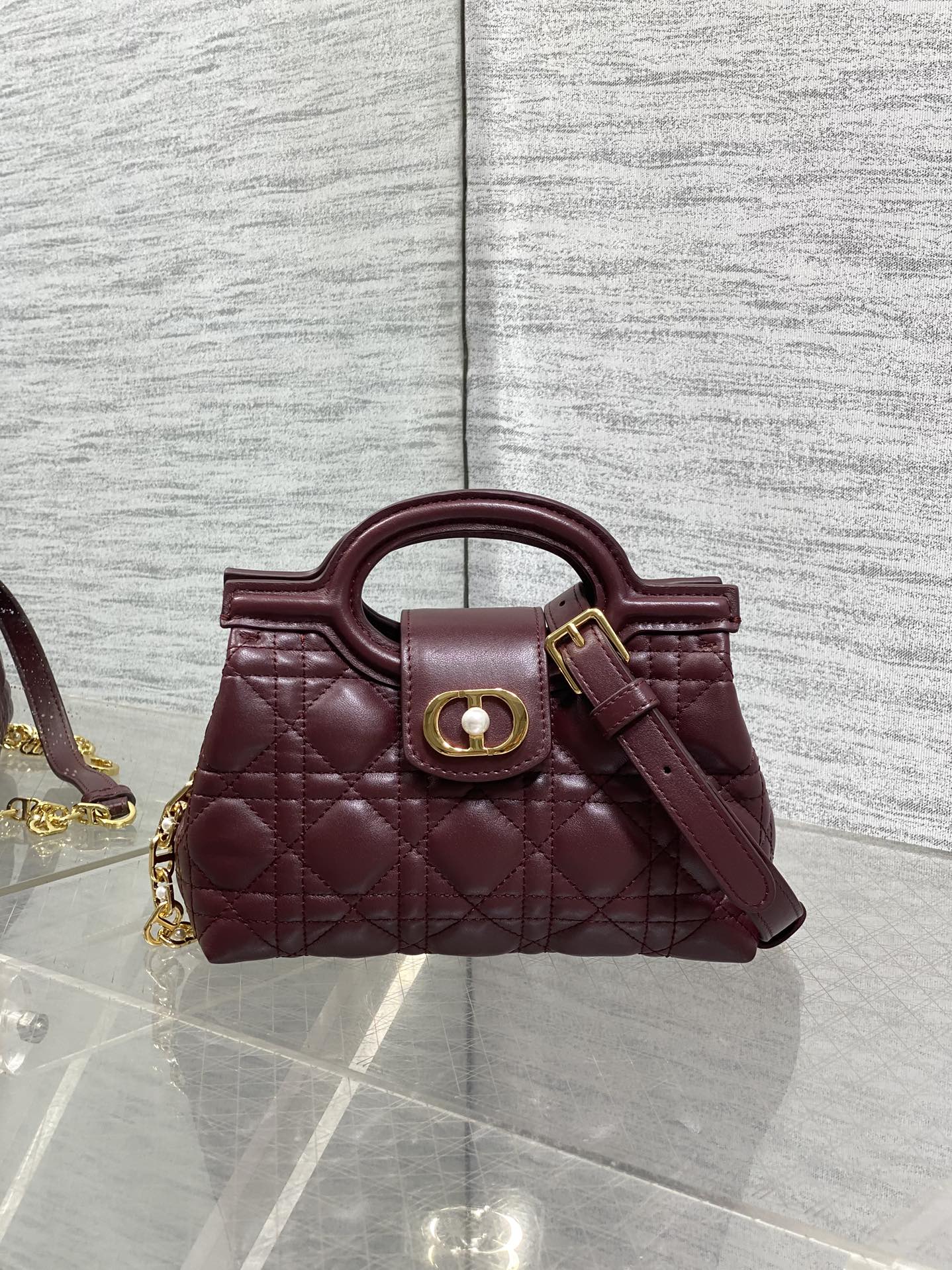 Dior Mini Jolie Top Handle Bag Burgundy Cannage Lambskin with Gold Hardware