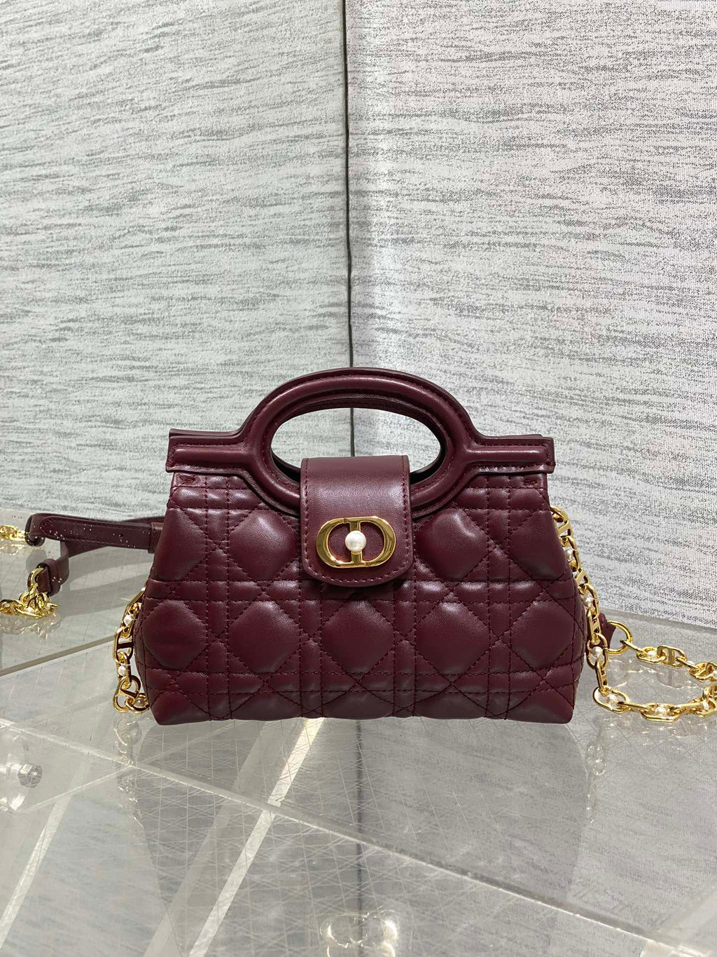 Dior Mini Jolie Top Handle Bag Burgundy Cannage Lambskin with Gold Hardware