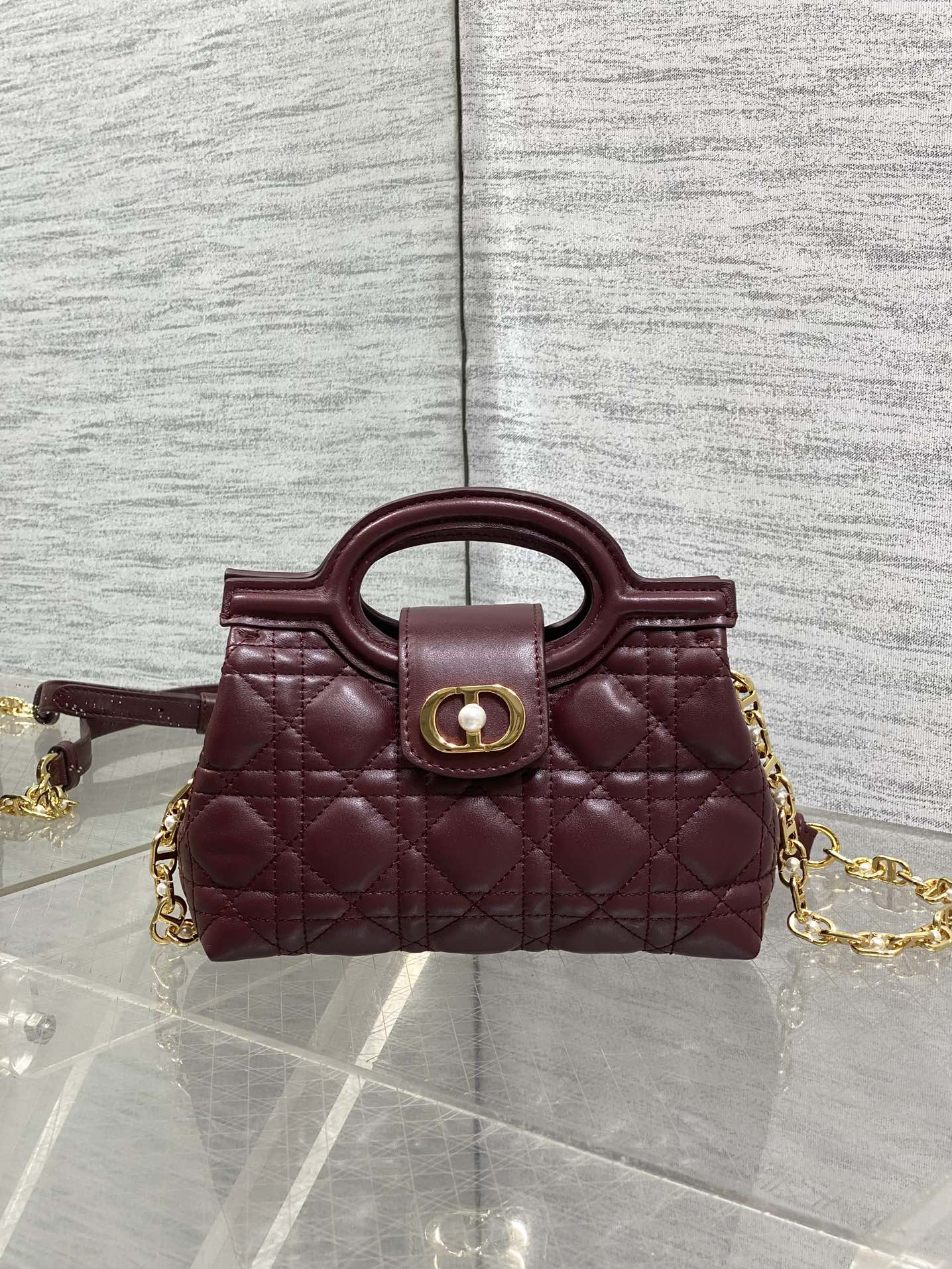 Dior Mini Jolie Top Handle Bag Burgundy Cannage Lambskin with Gold Hardware
