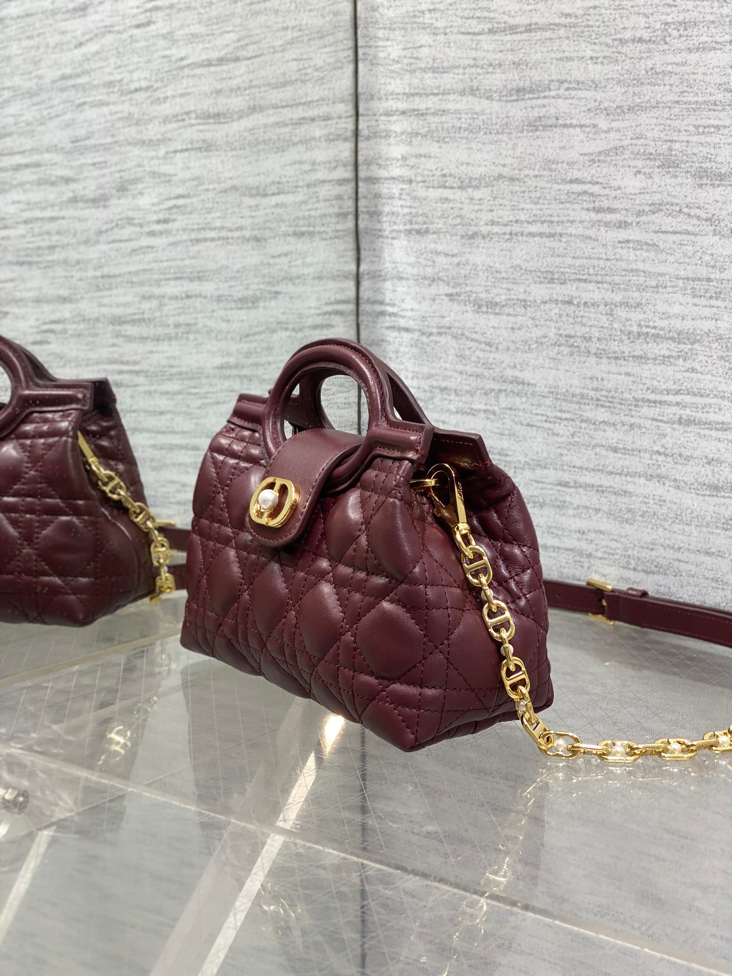 Dior Mini Jolie Top Handle Bag Burgundy Cannage Lambskin with Gold Hardware