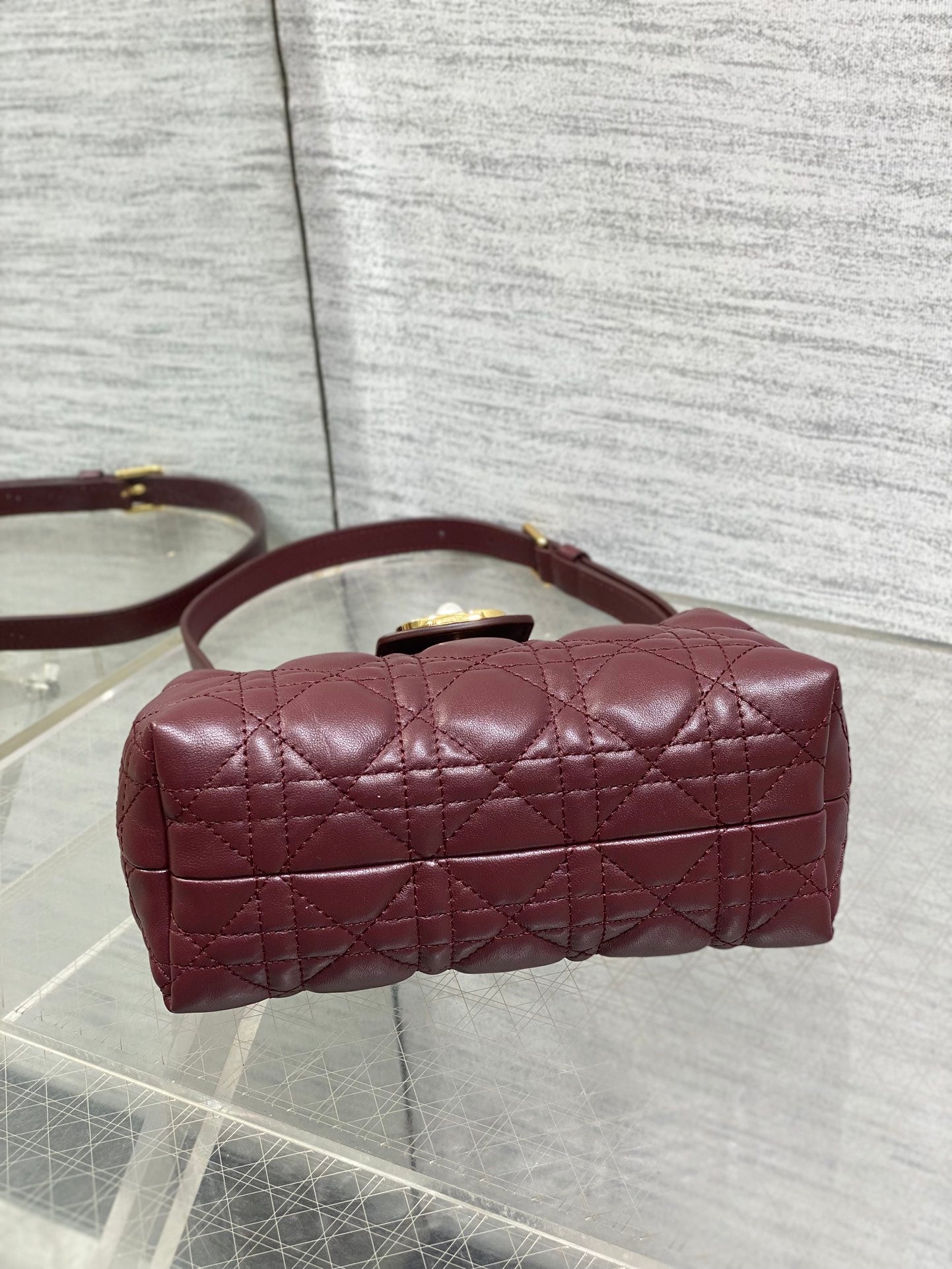Dior Mini Jolie Top Handle Bag Burgundy Cannage Lambskin with Gold Hardware