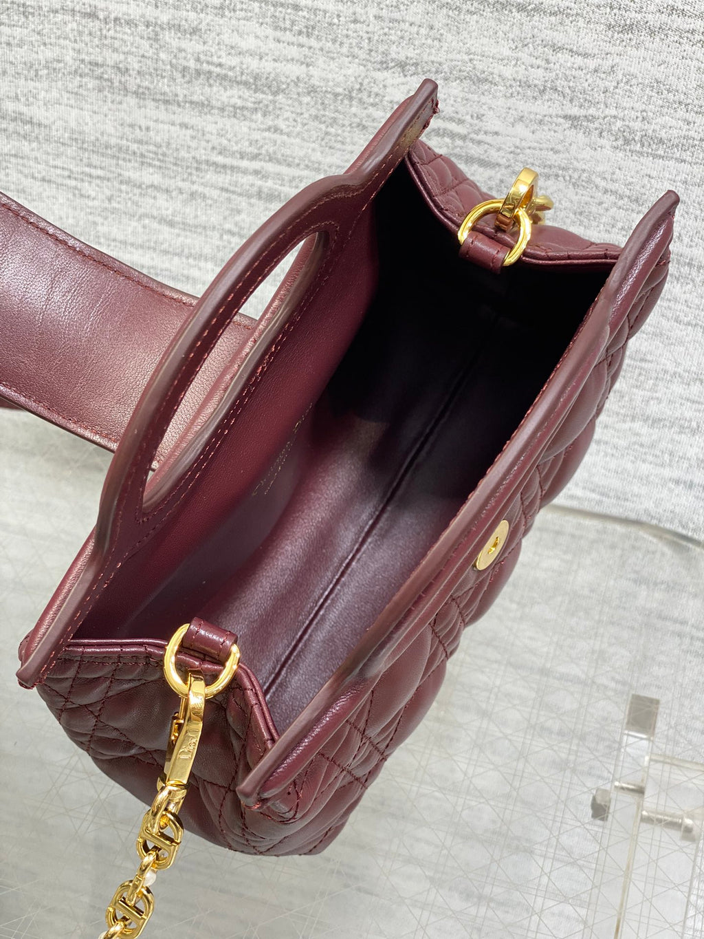 Dior Mini Jolie Top Handle Bag Burgundy Cannage Lambskin with Gold Hardware