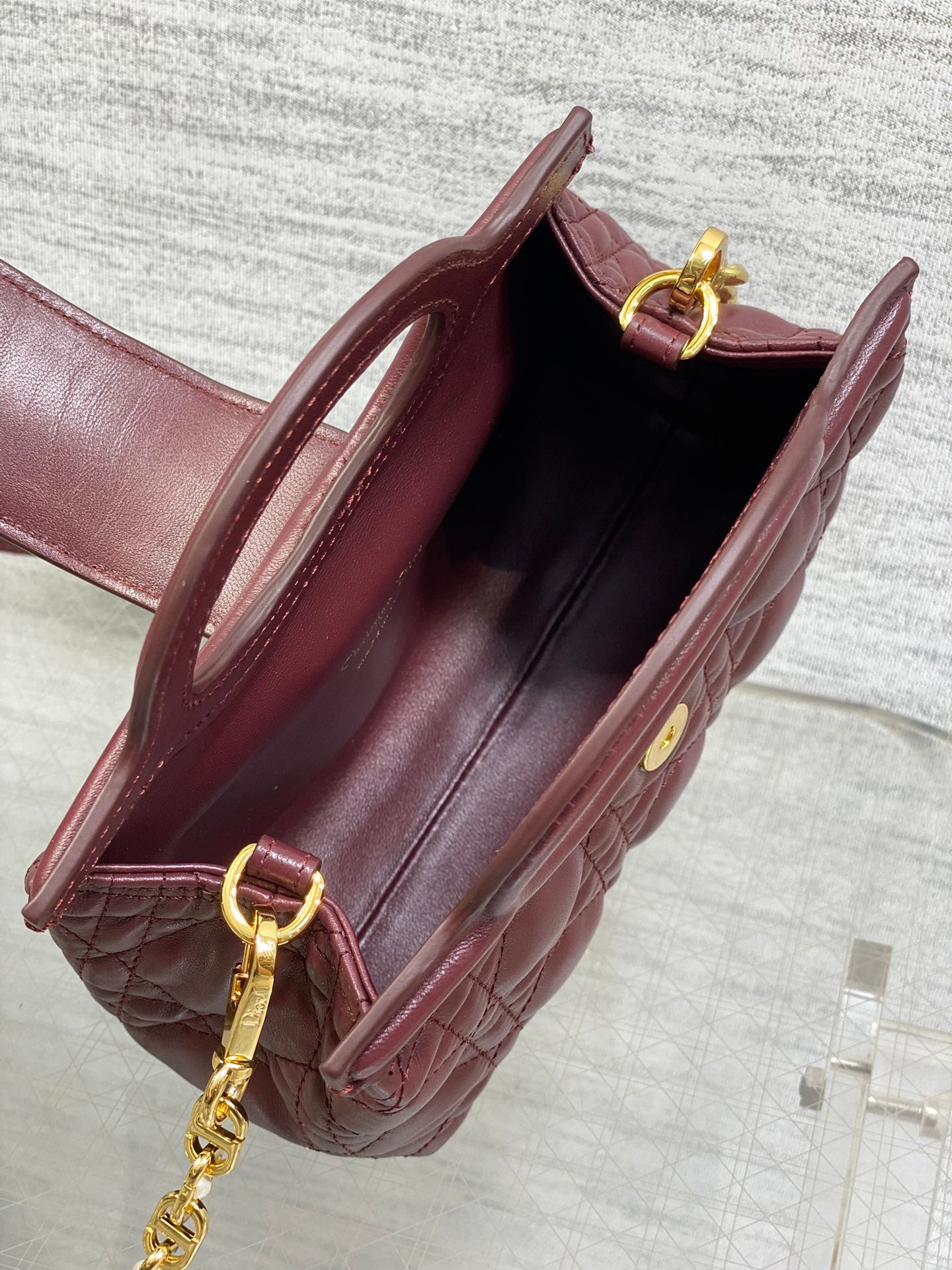Dior Mini Jolie Top Handle Bag Burgundy Cannage Lambskin with Gold Hardware