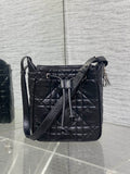 Dior Caro Motion Small Drawstring Bucket Bag Black Aged Leather Quilted Crossbody 1025
