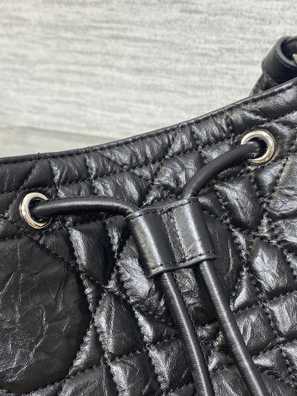 Dior Caro Motion Small Drawstring Bucket Bag Black Aged Leather Quilted Crossbody 1025