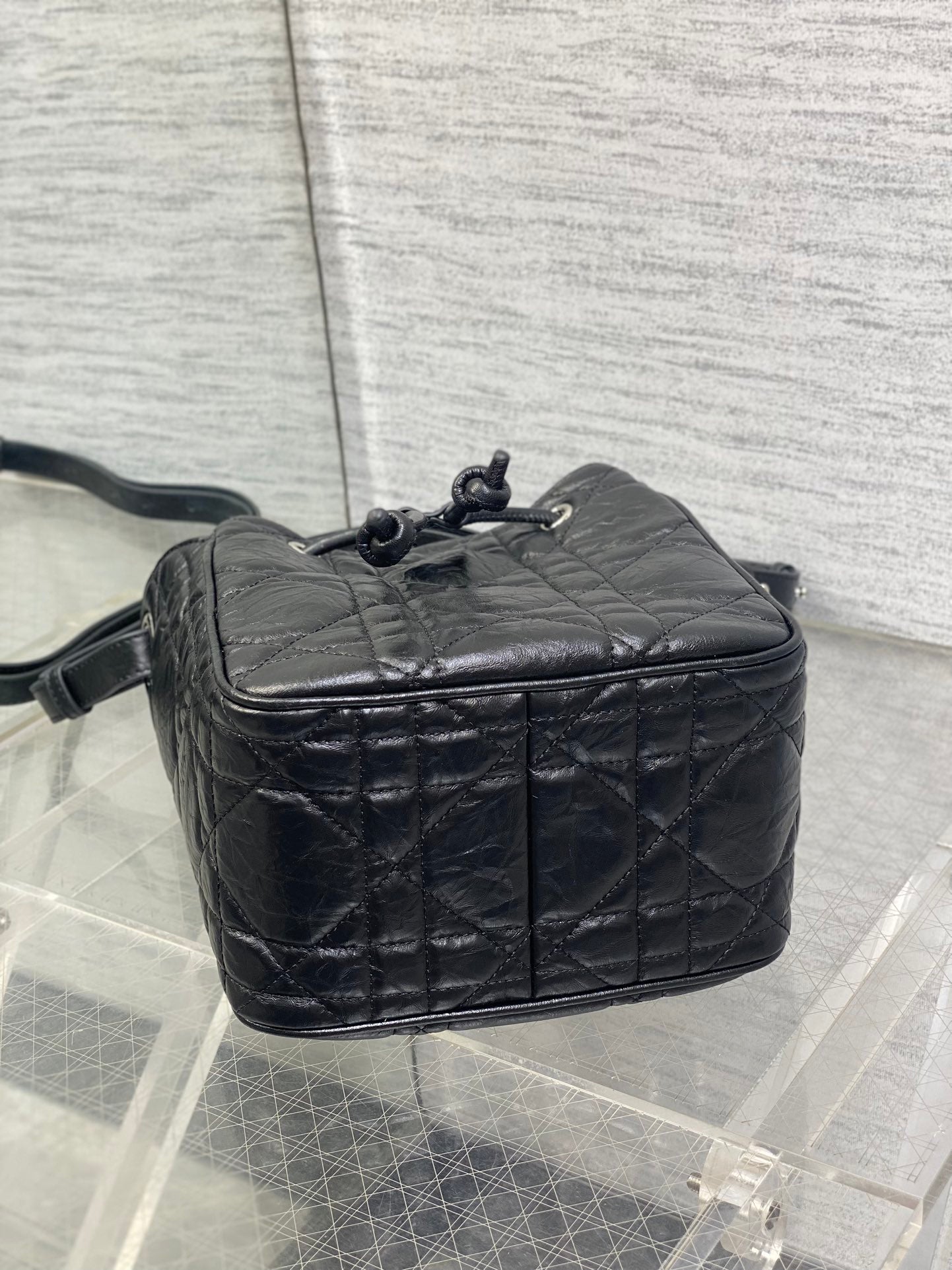 Dior Caro Motion Small Drawstring Bucket Bag Black Aged Leather Quilted Crossbody 1025