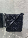Dior Caro Motion Medium Drawstring Bucket Bag Black Aged Leather Quilted Crossbody 1026