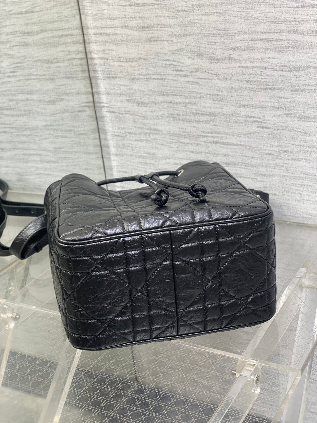 Dior Caro Motion Medium Drawstring Bucket Bag Black Aged Leather Quilted Crossbody 1026