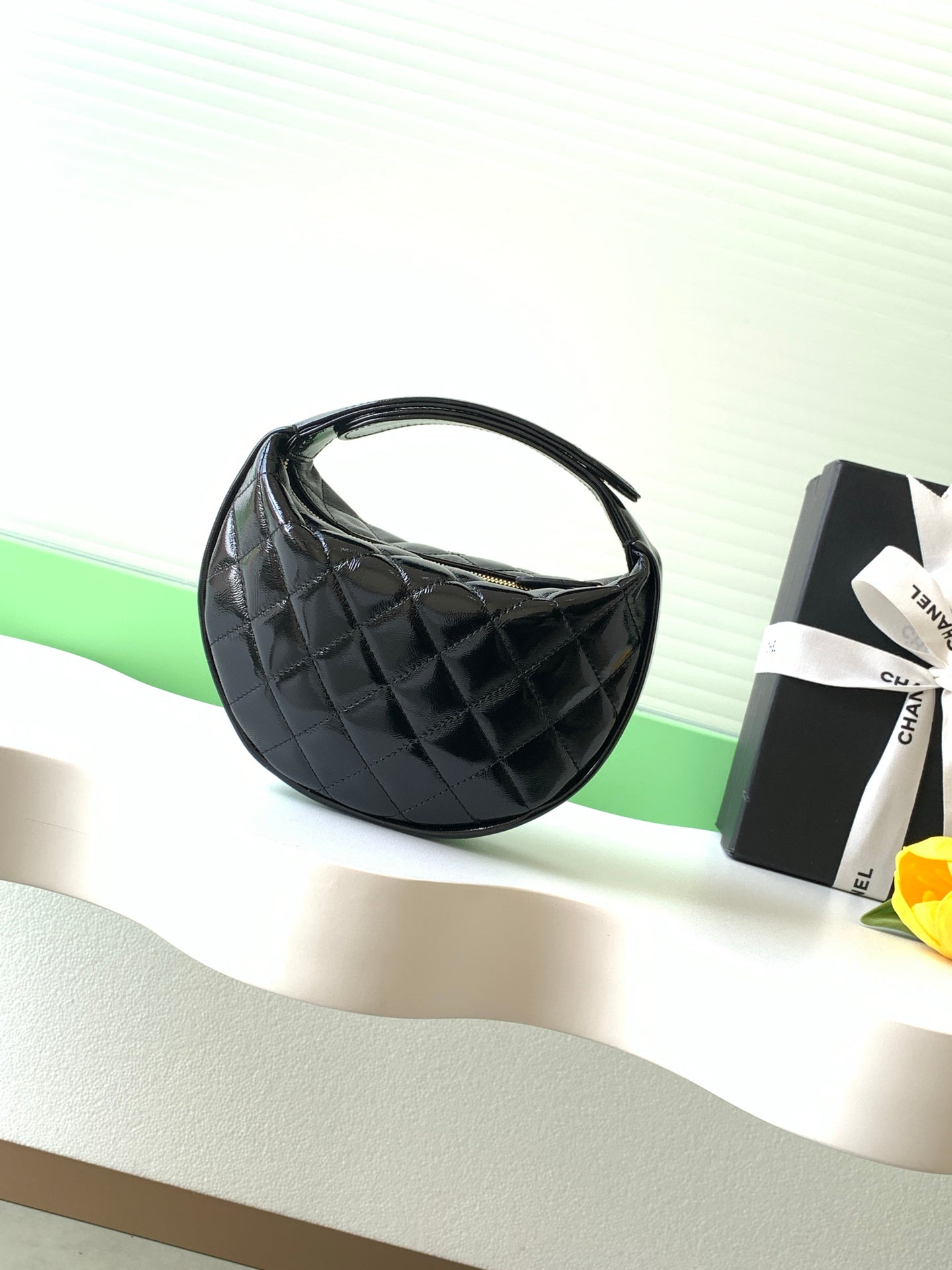 Chanel 26C Cruise Hoop Wristlet Flap Bag Shiny Black Quilted Leather Clutch AP4976