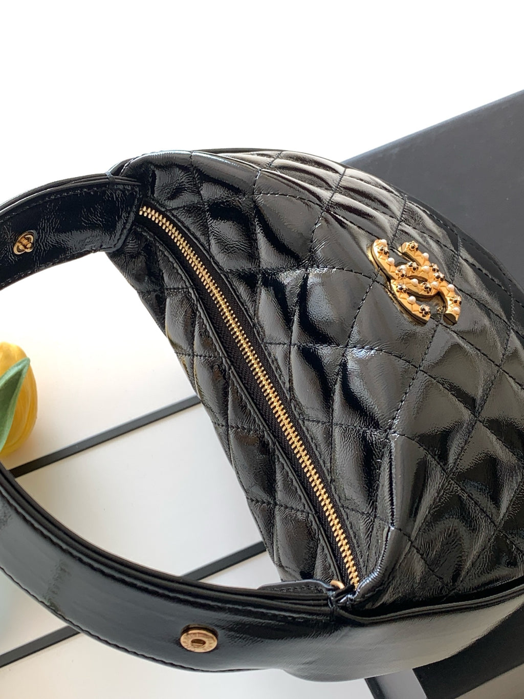Chanel 26C Cruise Hoop Wristlet Flap Bag Shiny Black Quilted Leather Clutch AP4976