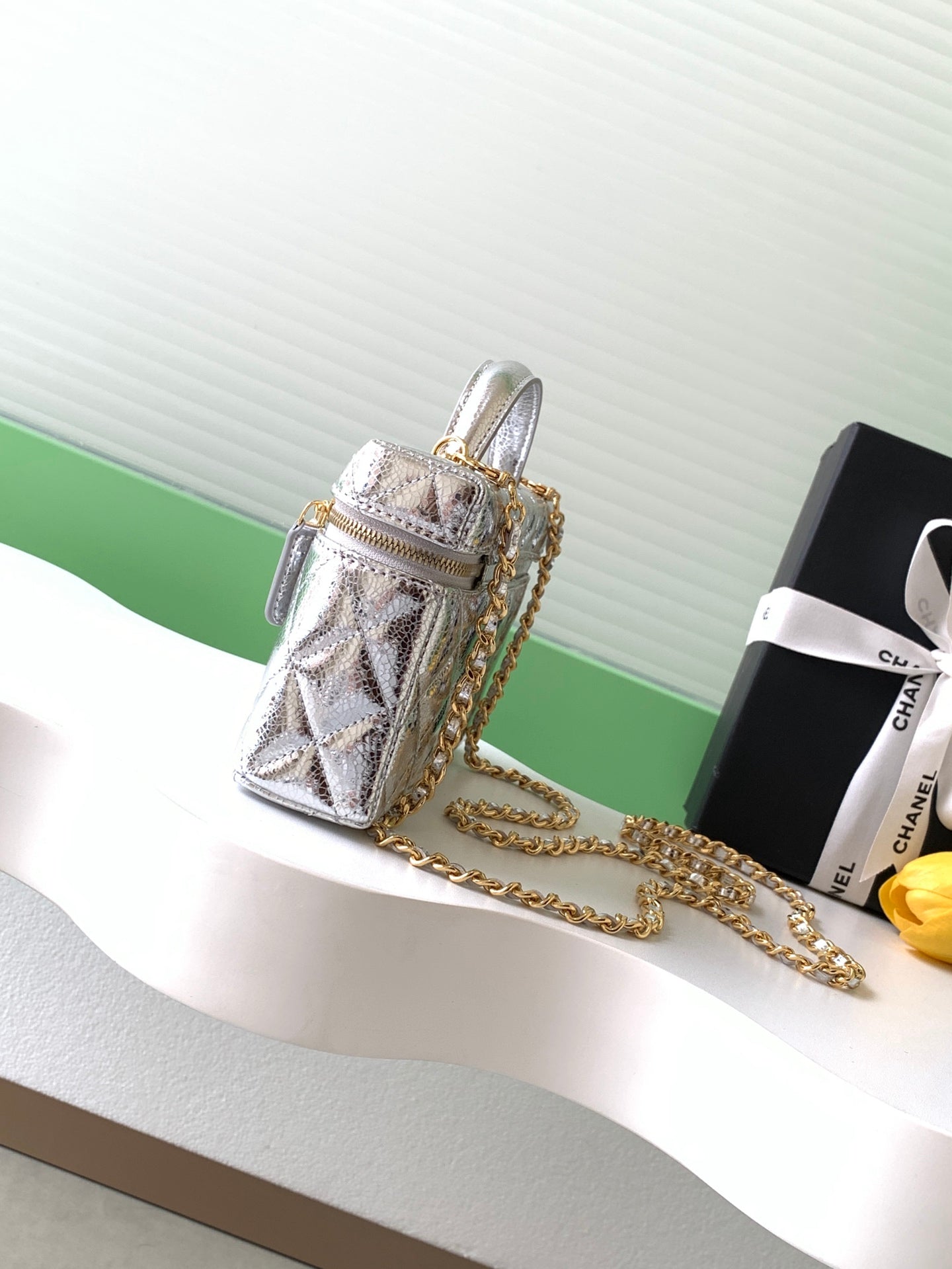 Chanel 26X Holiday Limited Silver Crackled Leather Vanity Box Bag Crossbody AP5049