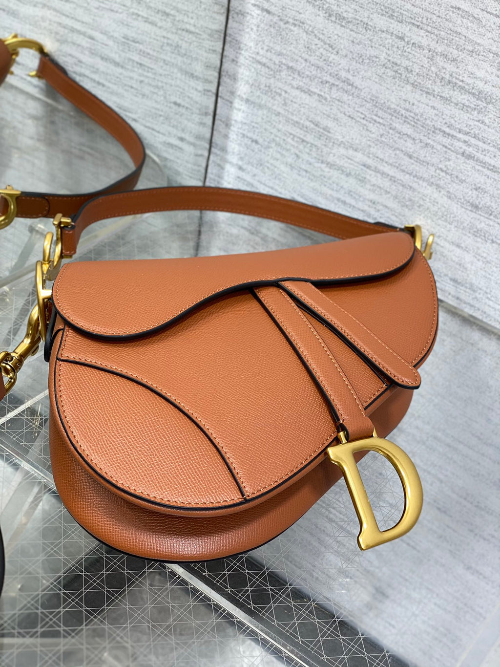 Dior Iconic Large Saddle Bag Cognac Grained Leather Crossbody Shoulder Bag