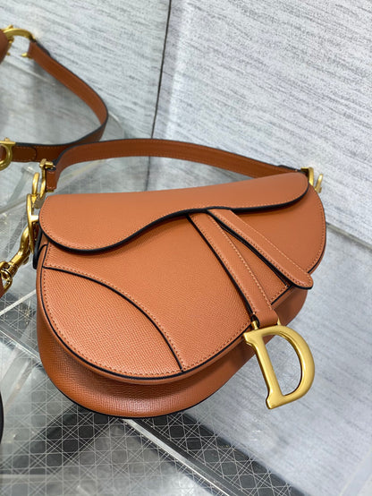Dior Iconic Large Saddle Bag Cognac Grained Leather Crossbody Shoulder Bag