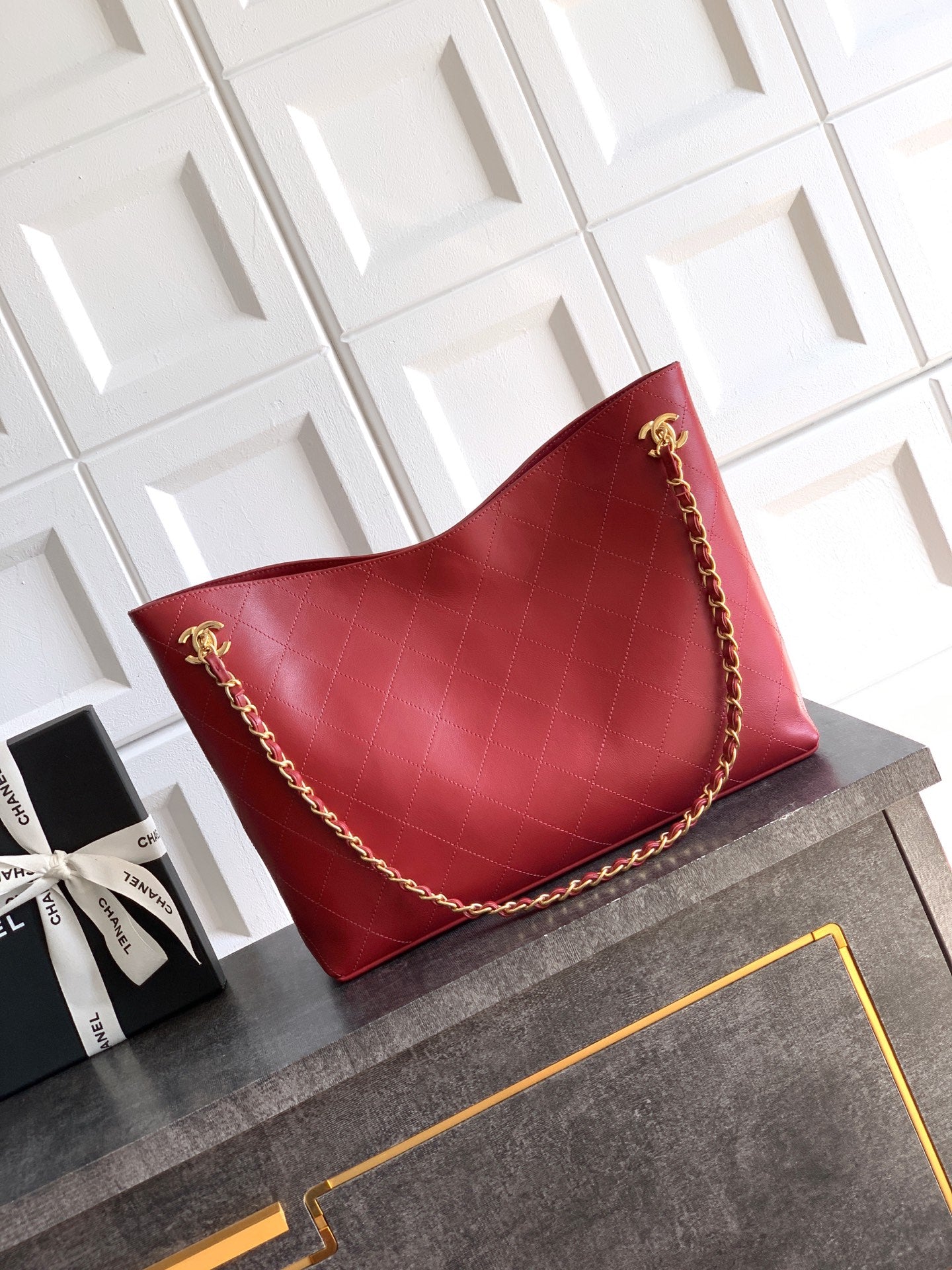 Chanel Large Hobo Bag Burgundy Calfskin with Gold-Tone Hardware